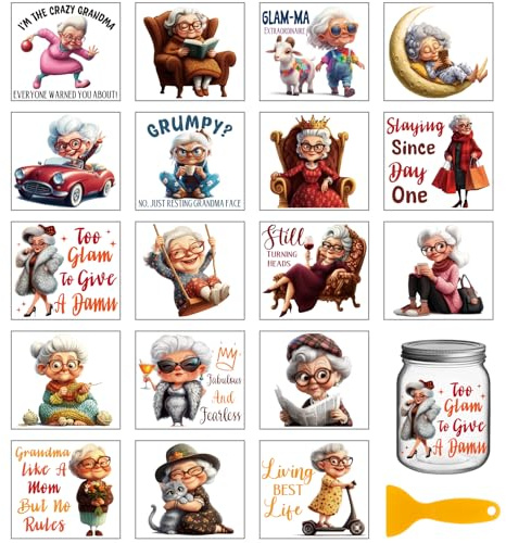 GLOBLELAND 18 Sheets Funny Old Lady Transfer Stickers 3.9x3.6inch Elderly Person Colorful Transfer Decal Grandma Rub on Transfer for Furniture Vase Glass Art Crafts Decorations