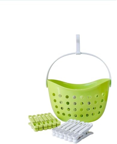 LAGUELLE - Panier Galet avec 48 Pinces Antiglissantes Recyclées - Fabrication Française - Pinces Assorties (Vert et Blanc)