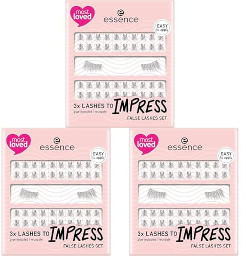 essence 3x LASHES TO IMPRESS false lashes set 01, künstliche Wimpern, Schwarz, vegan, Nanopartikel frei, ohne Parfüm, ölfrei, 3er Pack (3pair)