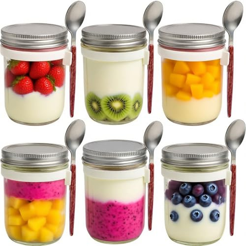 OBDKCAN Overnight Oats Jars with Lids & Spoons, 350ml Mason Jars, Overnight Oats Containers with Airtight Lids Reusable Food-Safe Glass Leakproof Containers (6 Jars)