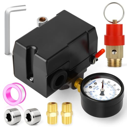 MEANLIN MEASURE Luftkompressor-Druckschalter-Steuerventil 7-10BAR/110-150PSI 110V-240V 4-Wege-Ersatzteile mit 0~14Bar Manometer und Sicherheitsdruckbegrenzungsventil