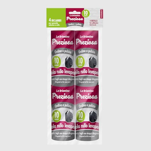 La Briantina Klebepads für Fusselroller – 4 Rollen à 10 m – Ersatzrolle Ø 4,8 x 10 cm – für Kleidung, Stoffe, Sofas, Haar- und Staubentfernung – kompatibel mit Standard-Griffen