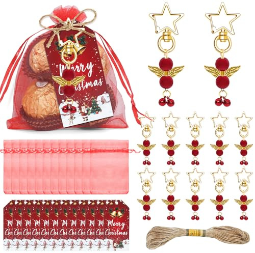 werdecade 24 Sets Christmas Angel Keychains, Alloy Angel Charms for Women, Party Favors, Tree Ornament, Stocking Stuffer (Red)
