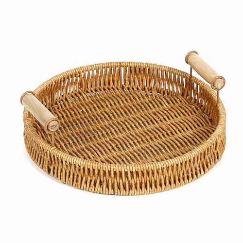 Rattan Serviertablett Rund mit Griffen – Handgefertigtes Dekotablett aus Rattan, Aufbewahrungsplatten Perfekt für Frühstück, Getränke, Snacks, Kerzen, Brot, Kerze, Früchten – 22cm Ø