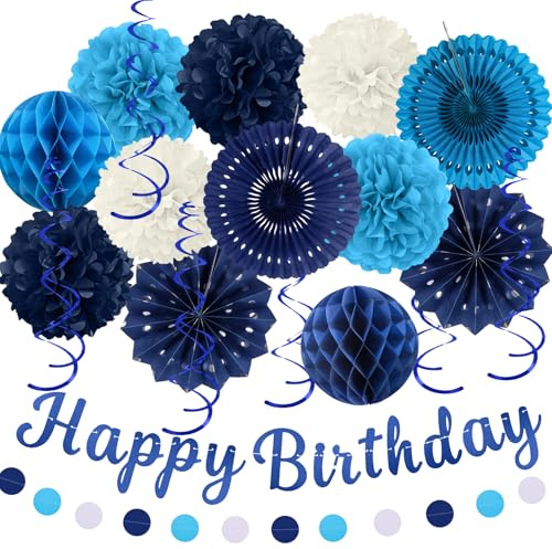 Recosis Geburtstagsdeko, 20 Stück Marineblau Geburtstag Party Deko, Happy Birthday Girlande Papier Wabenbälle Pompons Laterne Spiralen - Kindergeburtstag Deko, Geburtstagsdeko Jungen Männer