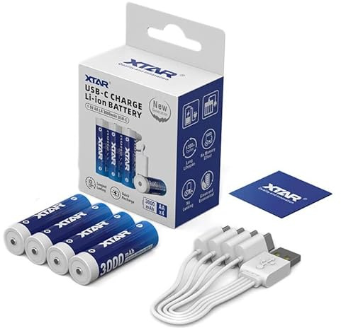XTAR Piles AA Rechargeables USB-C 1,5V 3000mAh Lithium-ION – Batterie Longue Durée pour Serrures Connectées, Courbe de Décharge Linéaire LR 3000