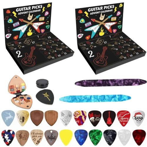 Gitarrplektrum adventskalender 2025, 24-dagars nedräkning jul med 20 celluloid- och träplektrum, 2 ud-plektrum, plektrumhållare och metalltennfodral, julgåva för gitarr, bas, ukulele-spelare (2)