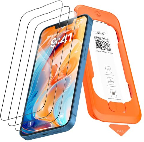 NEW'C 3 Pack, Full Täckning skärmskydd i glas för iPhone 16e, iPhone 14, iPhone 13/13 Pro (6,1 tum) [Automatisk Installation], härdat glasfilm med svart kant - Ultrabeständig