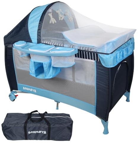 Barmøya 3-in-1 Baby-Reisebett mit Wickelauflage – Reisebett, Laufstall & Beistellbett, höhenverstellbar, Moskitonetz & Sonnendach, faltbar inkl. Tragetasche (Blau)