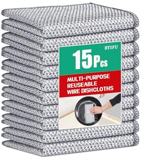 BTIFU 15Pcs Multipurpose Non Scratch Wire Dishcloth, Wet and Dry | Reusable Silver Mesh Dishcloth, Safely Scrubs Tough Dirt for Kitchen Cleaning, Sinks, Dishes, Stoves (20 X 20 cm)