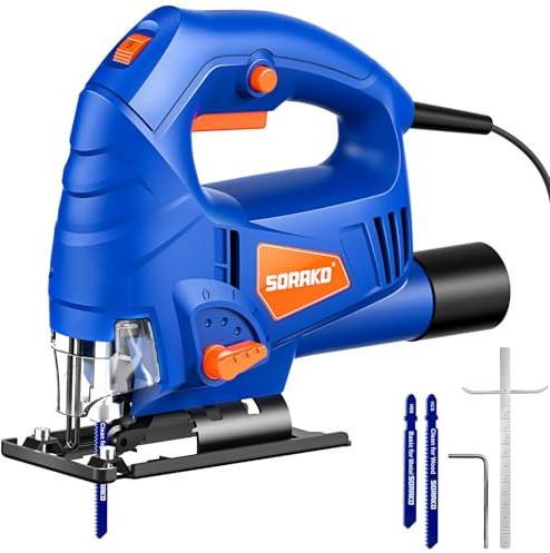 SORAKO Jigsaw 600W Corded Electric Jig Saw for DIY, Worktops & Laminate | 800-3000SPM 6 Variable Speeds, 3 Orbital Settings, ±45° Bevel Cut, Tool-Free Blade Change, 60mm Wood Cutting Depth