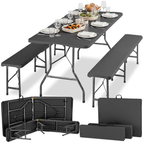 TecTake® wetterfeste Campingtischgarnitur für 8 Personen, Bank bis 250 kg belastbar, klappbar, wetterfest, robuster Kunststoff, Camping Set, Tischset, Outdoor Tischgarnitur, Campingmöbel – anthrazit