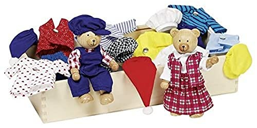 goki 51914 - Biegepuppen Bärchens Klamottenkiste, nachhaltige Holzfiguren, Puppen für Kinder, beweglich robustes Holzspielzeug, kreatives Kinderspielzeug, naturbelassen, 10er Set, ab 3 Jahre
