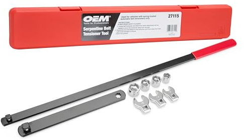 OEMTOOLS 27115 Serpentine Belt Tool Kit, Serpentine Belt Tensioner Tool, 1/2 & 3/8 Square Drive Adapters, Crowfoot Wrench Set (13, 14, & 15mm), Low Profile Socket Set (13, 15, 16, & 18mm)
