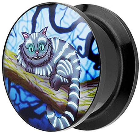 Piersando Ohr Plug Piercing Kunststoff Motiv Comic Picture Flesh Tunnel Ohrplug mit liegender Grinsekatze Schwarz Blau