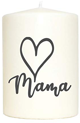 WB wohn trends Kleine Spruchkerze weiß, Mama Herz, Aufdruck grau, 10x7cm, Kerze mit Spruch Motiv-Kerze