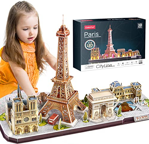 CubicFun 3D Puzzle Paris, France LED CityLine Eiffelturm, Notre Dame de Paris, Louvre, Arc de Triomphe-Deko-Kits und Souvenirgeschenk, 115 Stück