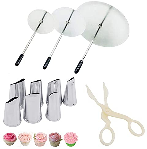 Kit de herramientas para decoración de tartas, 7 boquillas de acero inoxidable, 3 uñas de flores y 1 elevador de flores para pasteles, fondant, cupcakes