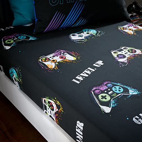 Catherine Lansfield Kids Bedroom Game Over Double Fitted Sheet 25cm Depth Black