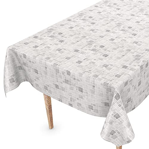 Mantel de hule de vinilo, lavable, 100 x 140 cm, borde cortado, diseño de azulejos, color gris