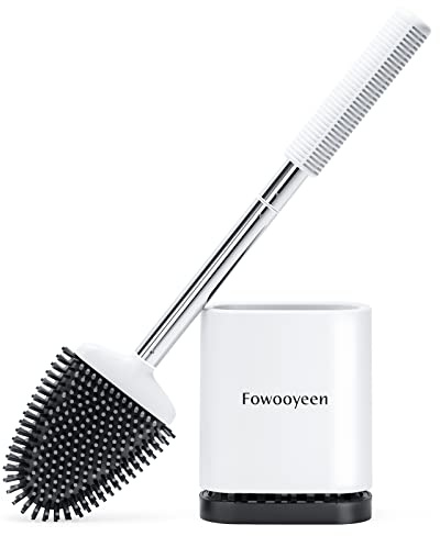 Fowooyeen Escobillas de Baño, Escobilla WC Silicona, Cepillo Toilet Plana con Mango de Inoxidable, Cepillo de Limpieza WC de Pie/Montado en la Pared, Blanco