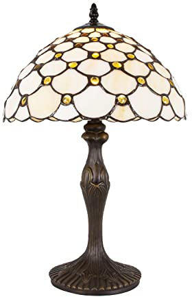 Happy Homewares Classic Traditional Stained Glass Tiffany Table Lamp with Multiple Amber Circular Beads | 60w Maximum | 12 Diameter with Inline Switch Button