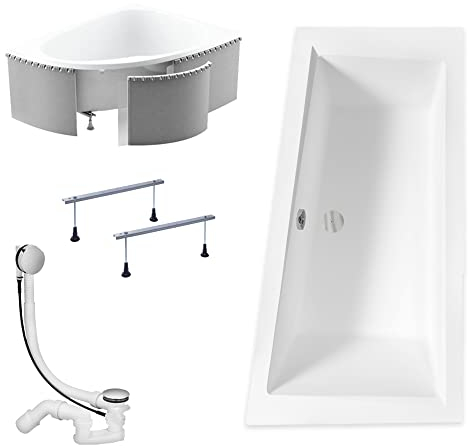 KOLMAN Badewanne INTIMA Eckbadewanne 160x90 Rechts mit Styroporverkleidung, Ablaufgarnitur und Füßen Komplettset 4in1 Premium Original Acryl Wanne Siphon