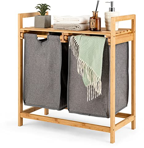 COSTWAY Wäschekorb 2 Fächer, mit 2 ausziehbaren Wäschesäcken, Wäschesammler mit Ablage, Wäschesortierer Bambus für Bad, Wohnzimmer und Schlafzimmer (Grau)