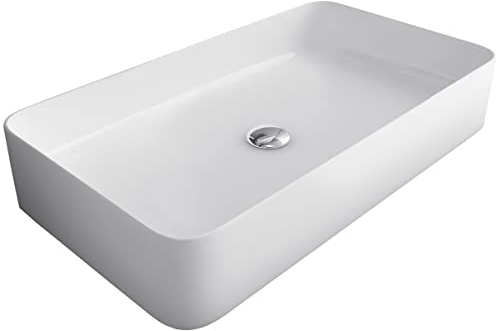 Alpenberger Aufsatzwaschbecken 60 cm Breit mit Nano Beschichtet | Sauberes Keramik Waschbecken Eckig | Waschtisch ohne Hahnloch für Bad & Gäste-WC | Design Aufsatz-Waschschale Modern ohne Überlauf