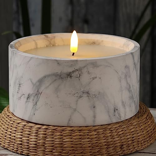 LED Kerze in Marmoroptik - Zement/Wachs - natürliche 3D Flamme - Timer - grau (XL Teelicht D:15cm)