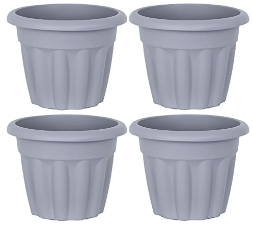 Pack of 4-25cm Round Upcycle Grey - 4.5L Plastic Planter with Drainage Hole, Garden Flower & Plant Pot, Extra Small Floor Indoor/Outdoor, Made in UK