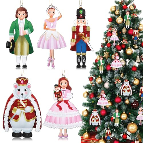 Suzile 5 Pcs Nutcracker Ballet Christmas Ornaments Metal Nutcracker and Ballerina Christmas Fairy Tree Ornament Home Decor Holiday Decorations for Birthday Gift