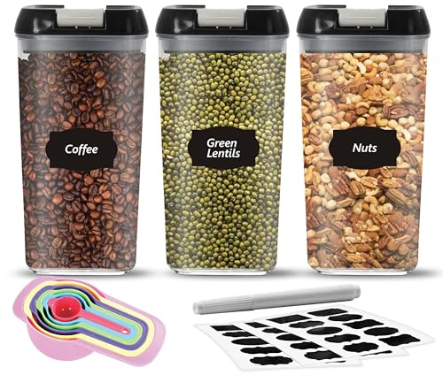 Top 3 Recipientes herméticos para almacenamiento de alimentos, paquete de 3 tarros de plástico de 1,2 L con 1 marcador, 10 etiquetas de despensa y 6 cucharas medidoras, para harina, cereales, granos,