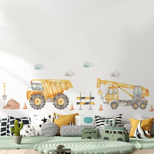 Muralo Wandtattoo Set Baumaschinen, Aquarell, UV-beständig - 120x60 cm | Wandsticker, Modernes Design - ideal für Kinderzimmer, für Jungen, einfach anzubringen