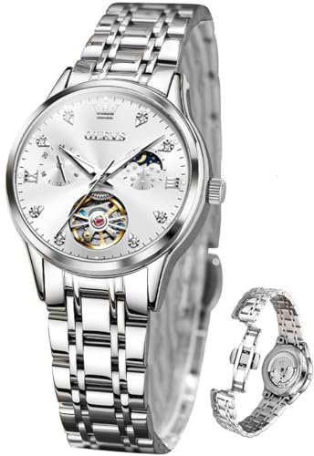 OLEVS Automatic Womens Watch Elegant Luxury Dress Silver Watches for Women Stainless Steel Waterproof Moon Phase Women's Wrist Watch Diamond Luminous Tourbillon Chronograph Mechanical Ladies Watches