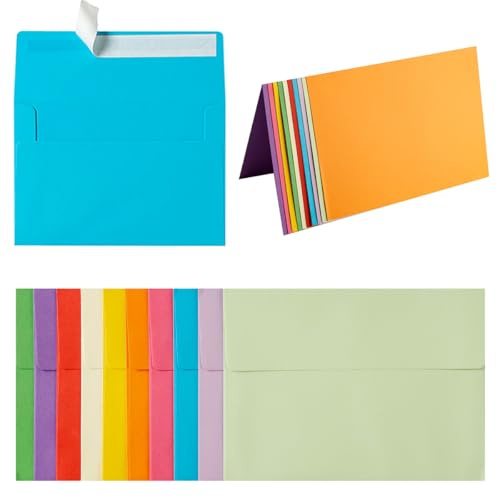 Wishop 50 Pack Self-Adhesive Envelopes with Fold Cards for Wedding Invitations, Greeting Cards, Baby Shower, Letter Mailing (Colorful, 4x6)