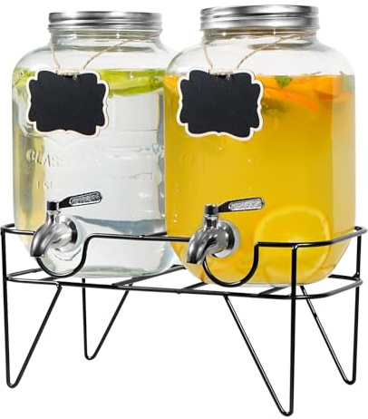 Hisredsun 2 x 4L Getränkespender mit Zapfhahn für Partys | Wasserspender Glas mit Wasserhahn aus Edelstahl für Hochzeiten Geburtstage,Bowle gefäß mit deckel