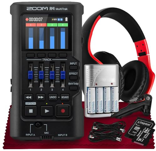 Zoom R4 Multitrak - 32-Bit Float Recorder, 4-spurige Aufnahme mit Stereo-Bouncing, Dual-XLR/TS-Eingänge mit 2 XLR-Kabeln, wiederaufladbare Batterien, Kopfhörer mit eingebautem Mikrofon, Stativ, 64 GB