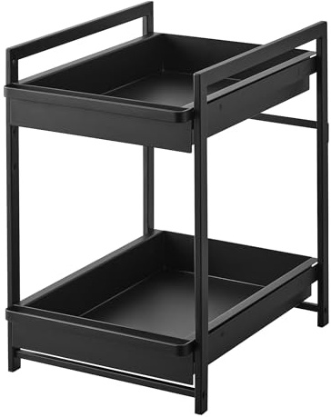 YAMAZAKI 1461 TOWER 2-stöckiges Spülschrank-Regal mit Schiebeböden, schwarz, Stahl, minimalistisch, 42,4～68,5 x 30,4 x 45,3 cm