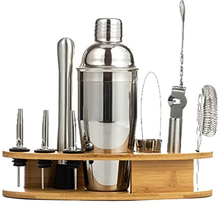 QTANZIQI Coctelera Juego para Hacer cócteles Coctelera 11 Piezas Kit de Mezcla de cócteles de Acero Inoxidable con Soporte de exhibición de bambú, Kit de Barman de Bar casero, 750 ml (750 ml)