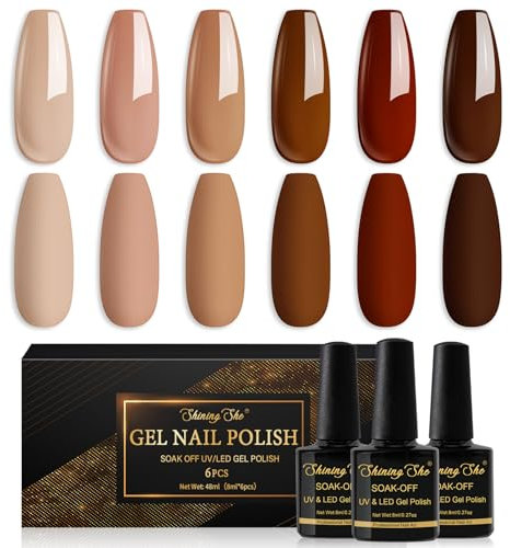 Shining She Smalti Semipermanenti per Unghie, 6 Colori Nude Beige Caramello Marrone Scuro Smalto Semipermanente Unghie Soak Off UV LED Gel Unghie Autunno e Inverno Nail Salon,8ML