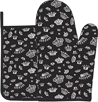 Royal Crowns Weiß auf Schwarz Küchenofenhandschuhe und Grillhandschuhe Topflappen Ofenhandschuhe und Topflappen mit Kochhandschuhen zum Backen, Grillen, Kochen