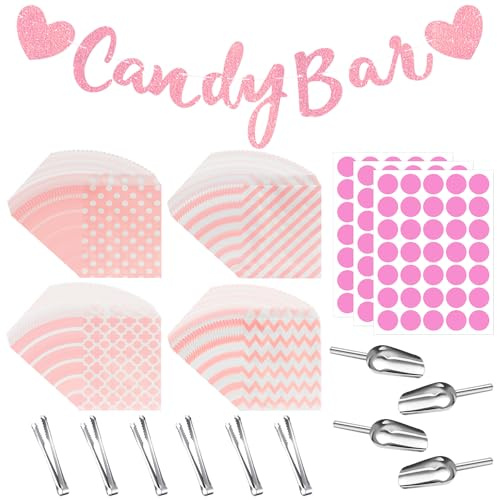 114PCS Candy Bar Accesorios Set,Contiene 100 Bolsas de Candy Bar,3 Pegatinas,6 Pieza Pinzas de Candy,4 Cucharas,1Candy Bar Banner para caramelo, bar, boda, fiesta, cumpleaños,barbacoa