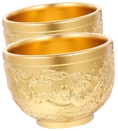 MOLUCKFU 2 Copas de Cobre Dorado Estilo Chino, Diseño Retro y Clásico, Fáciles de Limpiar y Sujetar, Reutilizables para Té y Vino, Uso Diario