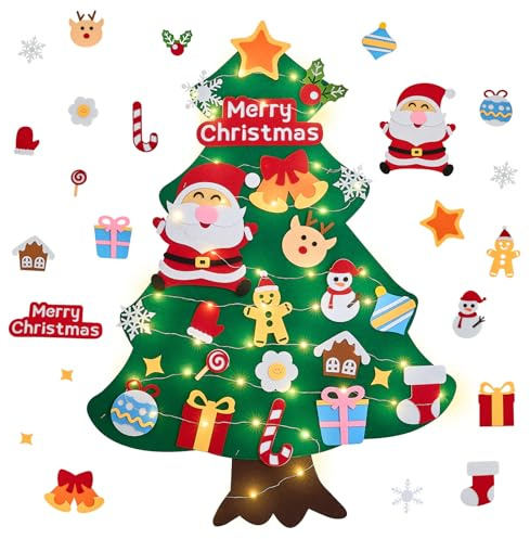 DazSpirit Árbol de Navidad de Fieltro para Niños con Luces LED, Kit DIY de Decoración de Navidad con 23 Adornos, Ideal para Colgar en Puerta y Pared