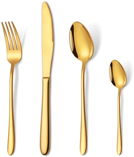 HONKKU 16 Pieces Gold Cutlery Set for 4 People, Stainless Steel Knife and Fork Sets, Classic Silverware Flatware Set, Mirror Polished Design Easy Clean Dishwasher Safe