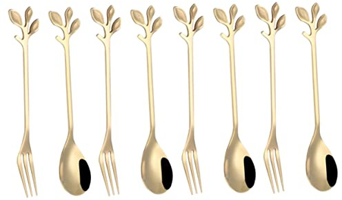 Gatuida 6 Pcs Creative Leaf Flower Shape Stainless Steel Dessert Fork and Spoon Household Cutlery for Home Restaurant Hotel Use Includes Spoons and Forks Golden Finish