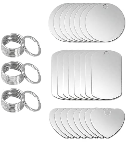 CHAOTEMAI 24 Pièces Pendentif Acier Inoxydable Formes Cœur Ronde Rectangulaire Breloque Acier Inoxydable Porte-clés Medaille pour Chien pour Colliers Pendentifs Animaux