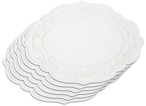 Privalace 4 Stück Oval Platzsets Silikon mit Barock Relief Weiß 43x30cm | Elegante Tischsets Abwaschbar Rutschfest Platzdeckchen Hitzebeständig für Küche Speisetisch Zuhause Feier Hotel