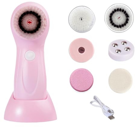 Electric Face Scrubber - Facial Cleanser Brush with 6 Replacement Heads | Rechargeable Skin Cleanser Massage Device for Forehead Body Cheeks Nose